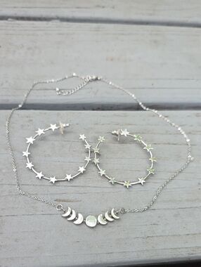 Silver-Toned Star Hoop Earrings and Moon Phase Necklace Set